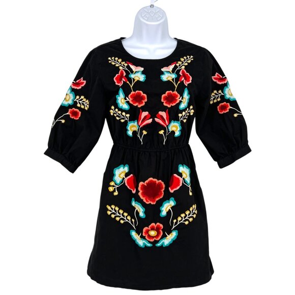 Topshop Embroidered Floral Puff Sleeve Black Mini Dress Size 4 US 8 UK - Picture 1 of 12